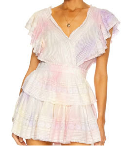 $395 LoveShackFancy Women's Pink Tie-Dye Gwen Ruffle Cotton Eyelet Mini Dress M